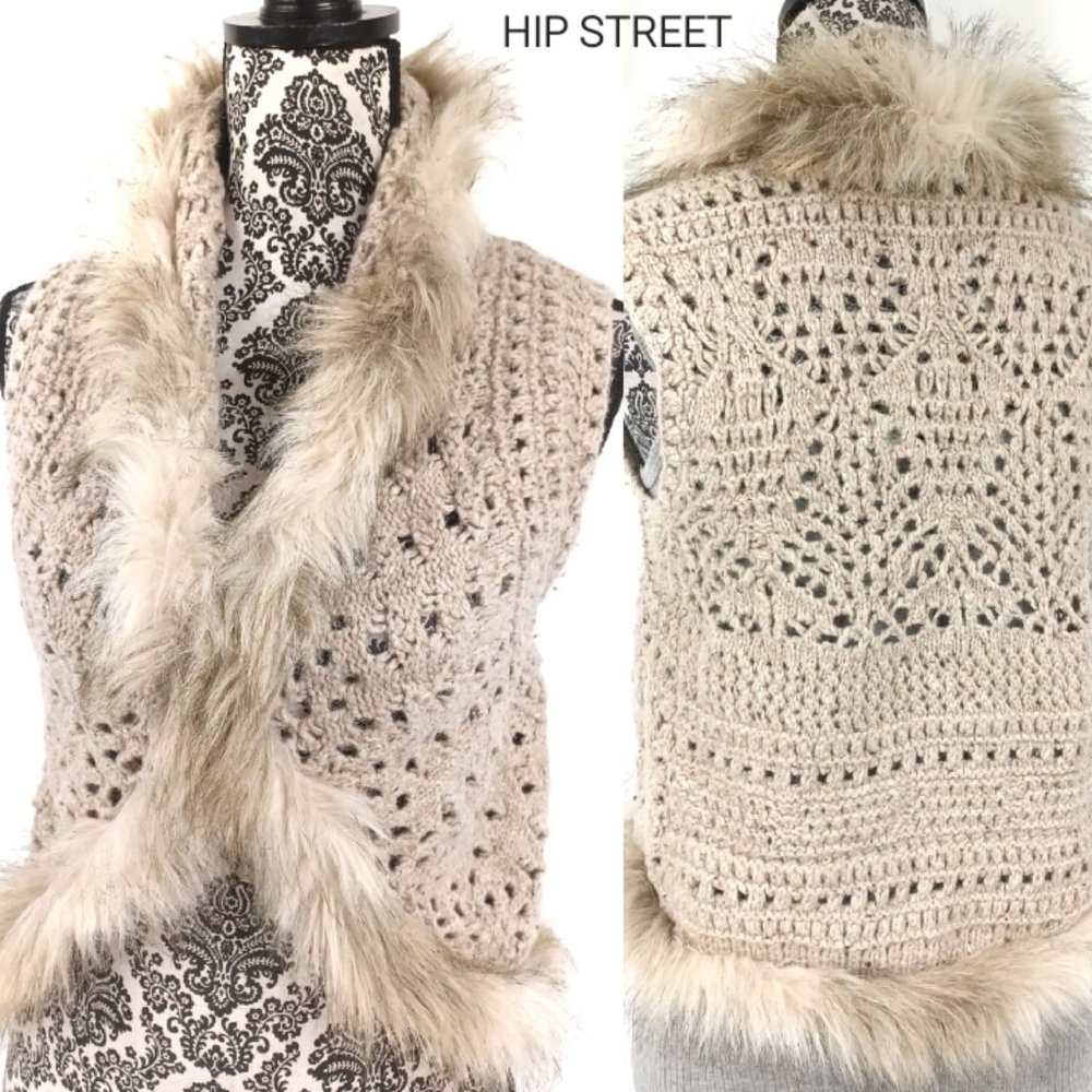 INC Wool Blend Crochet Faux Fur Sweater Vest S